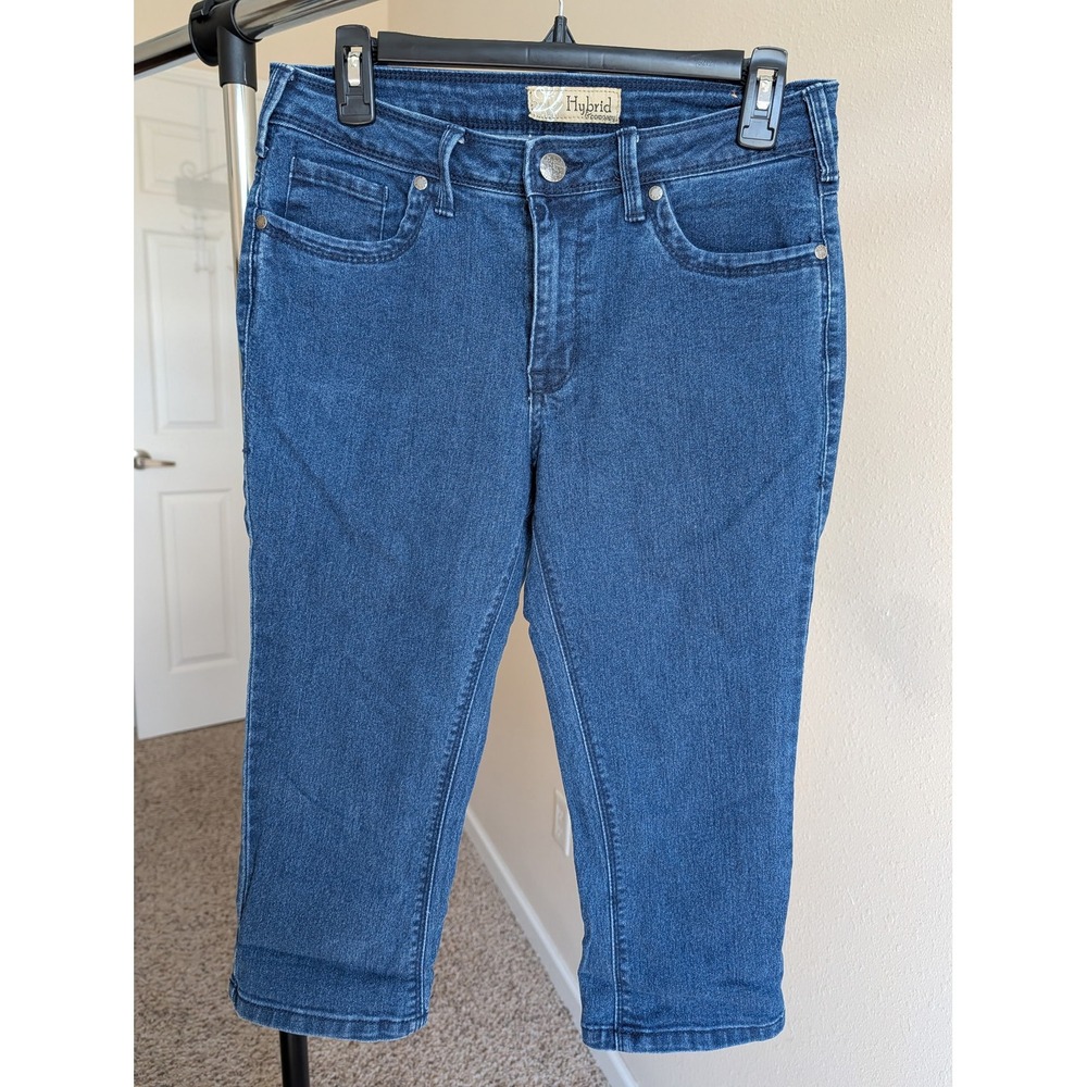 Hybrid & Company Womens Denim Capri Jeans Mid Rise Blue Stretch Cropped Pants